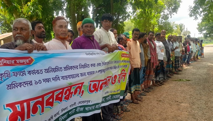 গাংনীতে ১৩ দফা দাবিতে বিএডিসি শ্রমিকদের মানববন্ধন