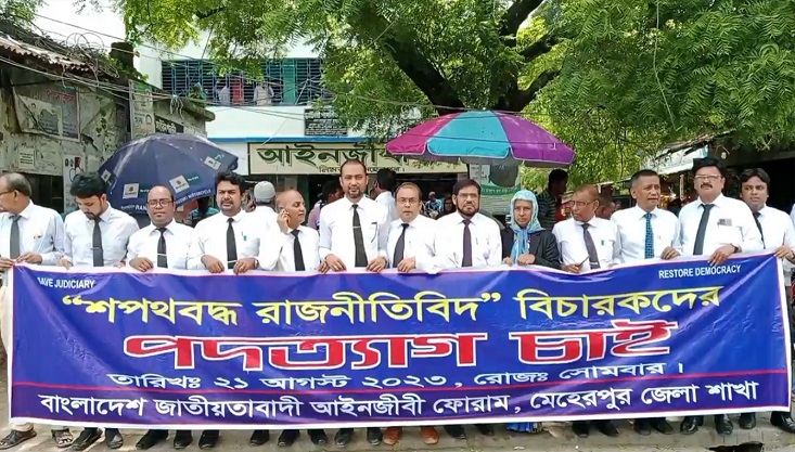 মেহেরপুরে জাতীয়তাবাদী আইনজীবী ফোরামের মানববন্ধন