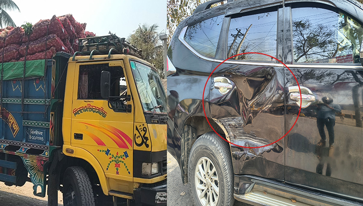 পেঁয়াজ বোঝাই ট্রাকের ধাক্কায় ক্ষতিগ্রস্থ মুজিবনগর ইউএনও’র গাড়ি