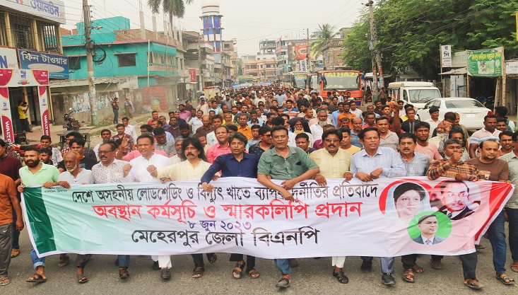 মেহেরপুর জেলা বিএনপির সভাপতি মাসুদ অরুনের নেতৃত্বে বিক্ষোভ মিছিল